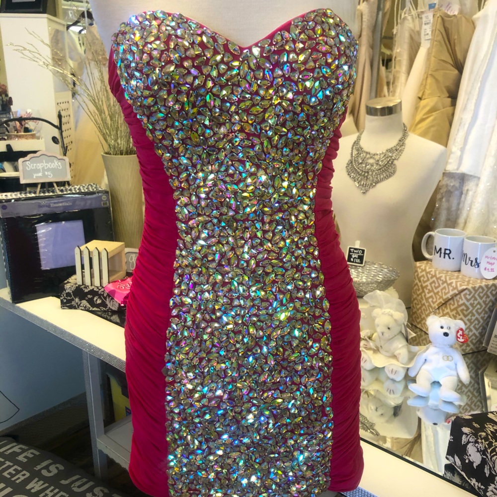 La Femme Short Hot Pink Dress with Rhinestones